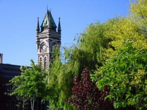 Otago University clocktower amidst tree leaves