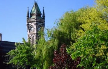 Otago University clocktower amidst tree leaves